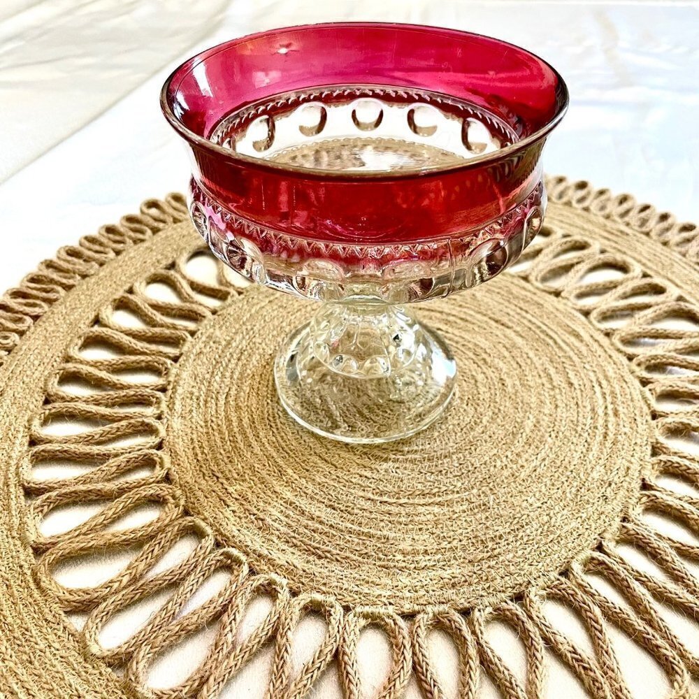 Kings Crown Vintage Cranberry Glass Flash Thumbprint Pedistal Compote Candy Dish
